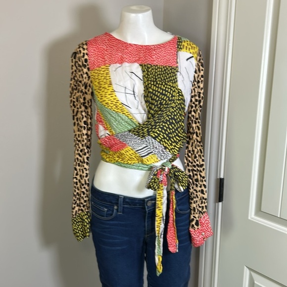 Anthropologie BInk Leopard Patchwork Blouse Wrap Top Tie Closure Shirt Sz XS - Picture 4 of 11